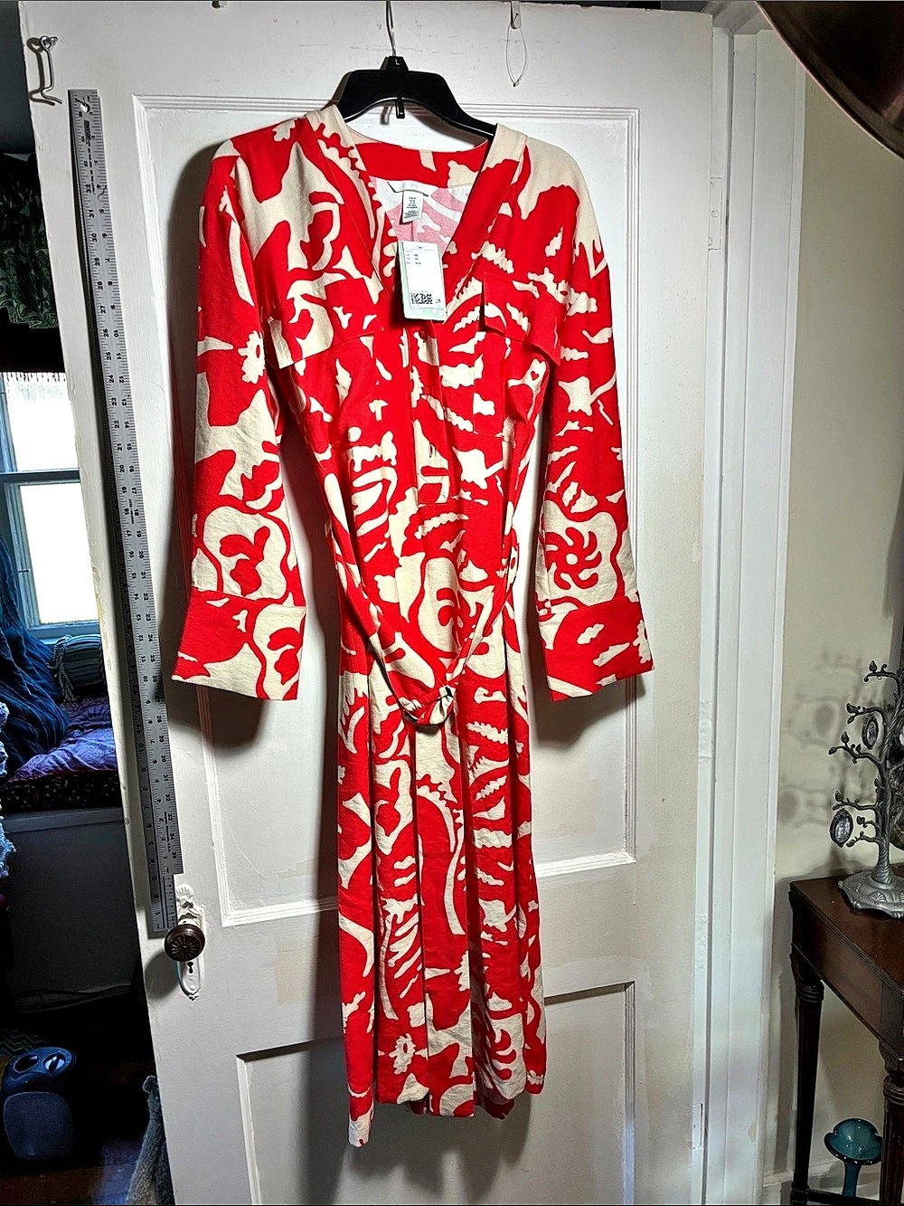 Zara Abstract Midi Dress in Red & Cream Size XS NWT